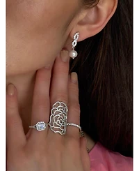 Suzy Levian Sterling Silver Pearl & White Sapphire Dangle Earrings