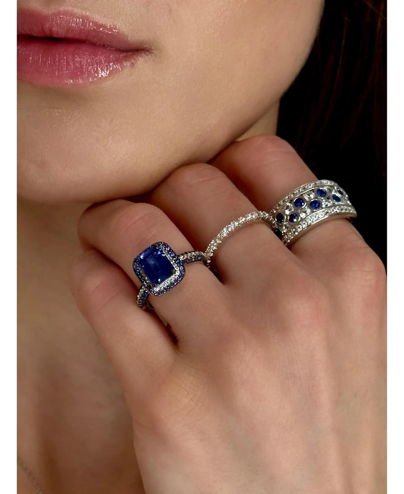 Suzy Levian Sterling Silver Sapphire and Created White Halo Ring