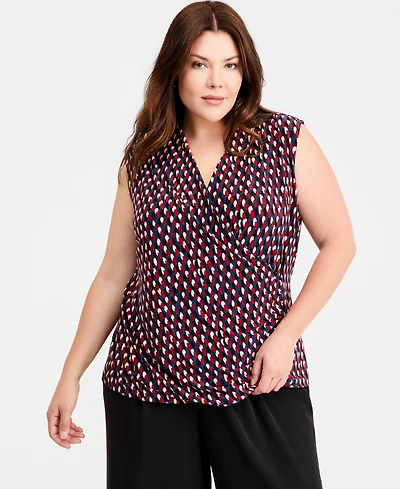 Anne Klein Plus Printed Surplice Sleeveless Top