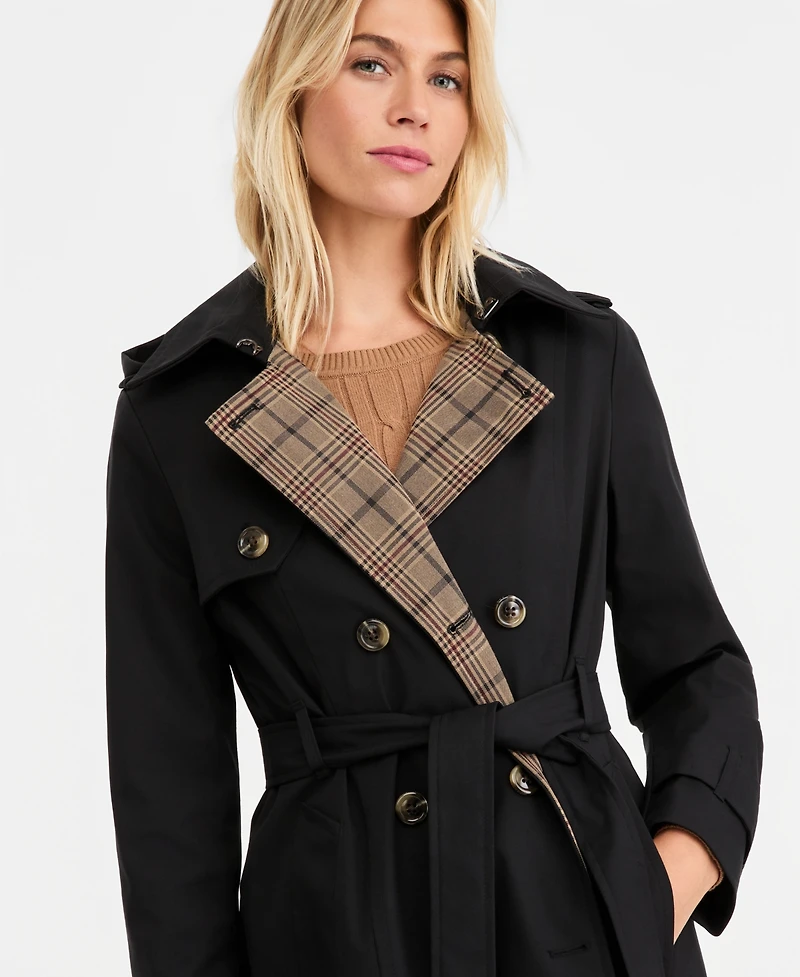 London Fog Women's Plaid-Collar Belted Trench Coat