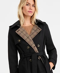 London Fog Women's Plaid-Collar Belted Trench Coat