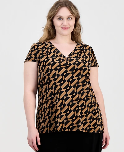 Anne Klein Essentials Plus Printed V-Neck Cap-Sleeve Top