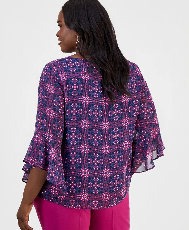 Kasper Plus Printed Ruffled 3/4-Sleeve Top
