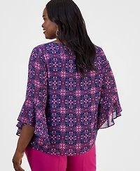 Kasper Plus Printed Ruffled 3/4-Sleeve Top