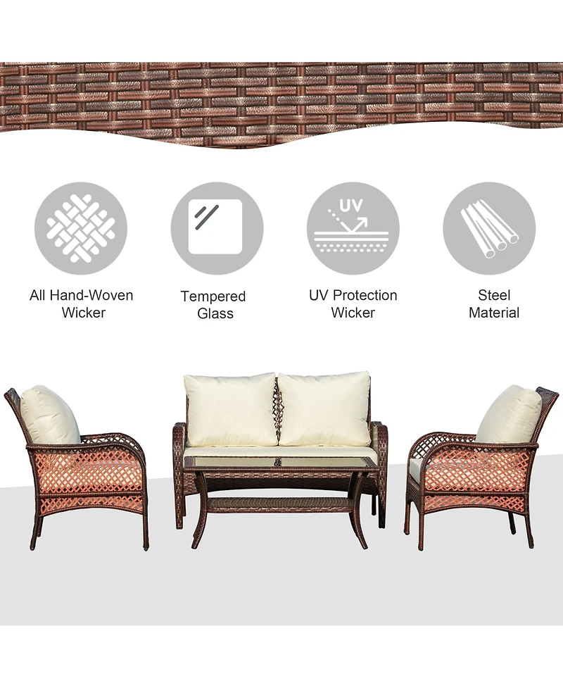 Outsunny 4-Piece Outdoor Rat Sofa Conversation Set w/ Chairs & Table,