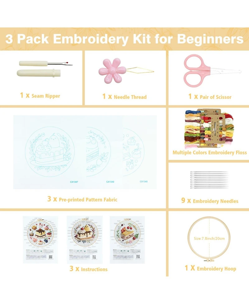 Gnuadz 3pc Embroidery Kit Pattern Beginner Diy Craft Hoop Floss Guide
