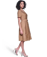 Karl Lagerfeld Paris Women's Belted Nailhead Trim V-Neck Dress