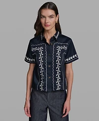 Karl Lagerfeld Paris Petite Floral Embroidered Short-Sleeve Shirt