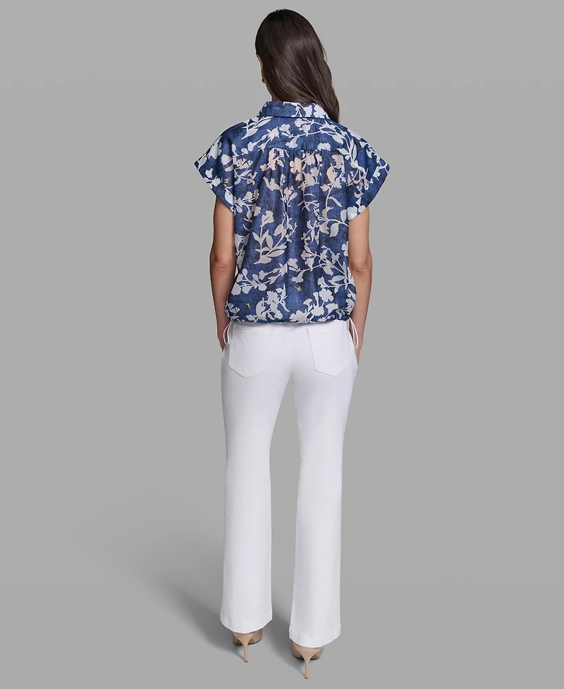 Karl Lagerfeld Paris Petite Printed Collared Neck Bungee Top