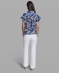 Karl Lagerfeld Paris Petite Printed Collared Neck Bungee Top