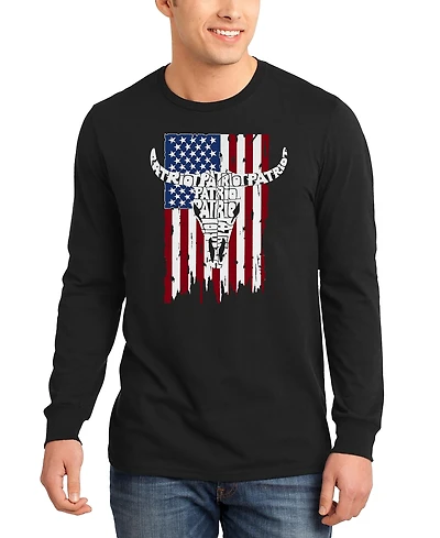 La Pop Art Men's Patriot Cow Skull American Flag Word Long-Sleeve T-Shirt