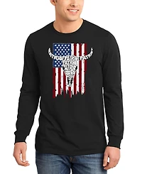 La Pop Art Men's Patriot Cow Skull American Flag Word Long-Sleeve T-Shirt