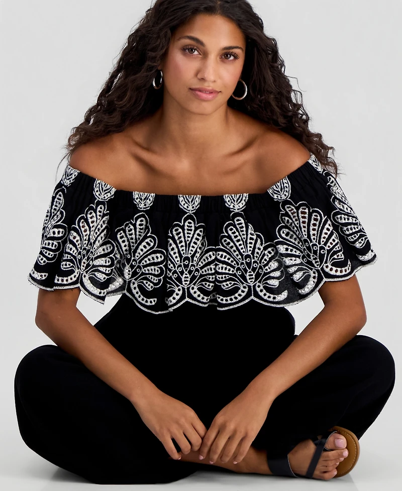 And Now This Petite Cutwork Off-The-Shoulder Jumpsuit, Macy's Exclusive