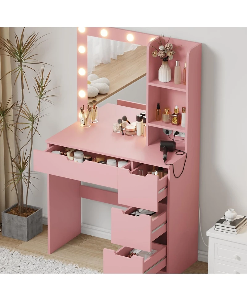gaomon Modern Makeup Vanity Desk with Lighted Mirror, 4 Drawers, 3 Lighting Modes, Open Shelves, Built-in Power Outlets, Small Bedroom Dressing Table