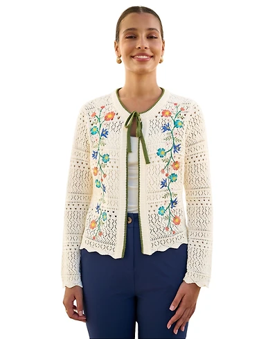 Yumi Women's Crochet Knitted Tie Front Cardigan