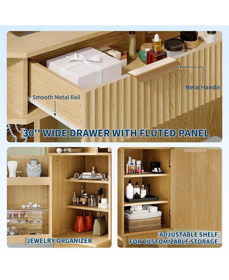 gaomon Corner Makeup Vanity Desk, Modern Vanity Desk with Hd Triple Mirror, Corner Vanitys with Clear Glass Top, Fluted Makeup Vanity Desk