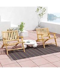 Gymax 2PCS Teak Wood Outdoor Reclining Chair w/ Comfortable Backrest and Armrests