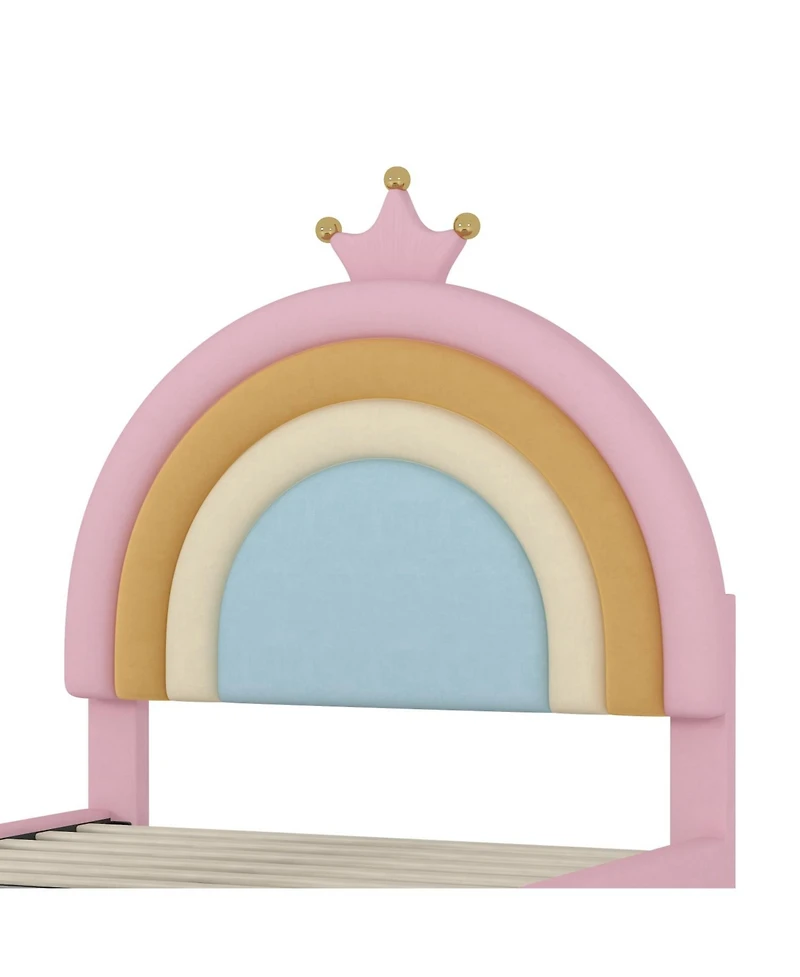 Rainsken Upholstered Kids Bed Frame with Drawer, Rainbow Design Platform Bed, Velvet Princess Bed, No Box-Spring Needed