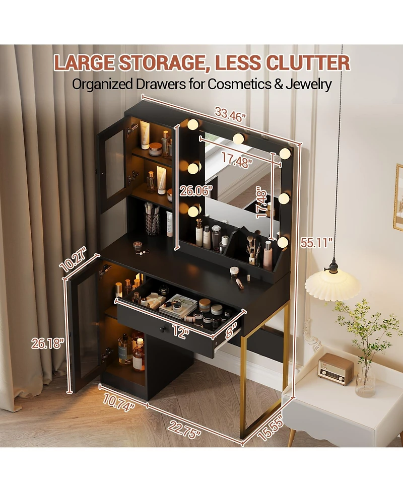 gaomon Makeup Vanity Desk with Mirror and Rgb Led Lights, Charging Station, 2 Acrylic-Door Cabinets, Open Compartments, Wooden Dressing Table