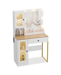 gaomon Makeup Vanity Desk with Mirror and Rgb Led Lights, Charging Station, 2 Acrylic-Door Cabinets, Open Compartments, Wooden Dressing Table