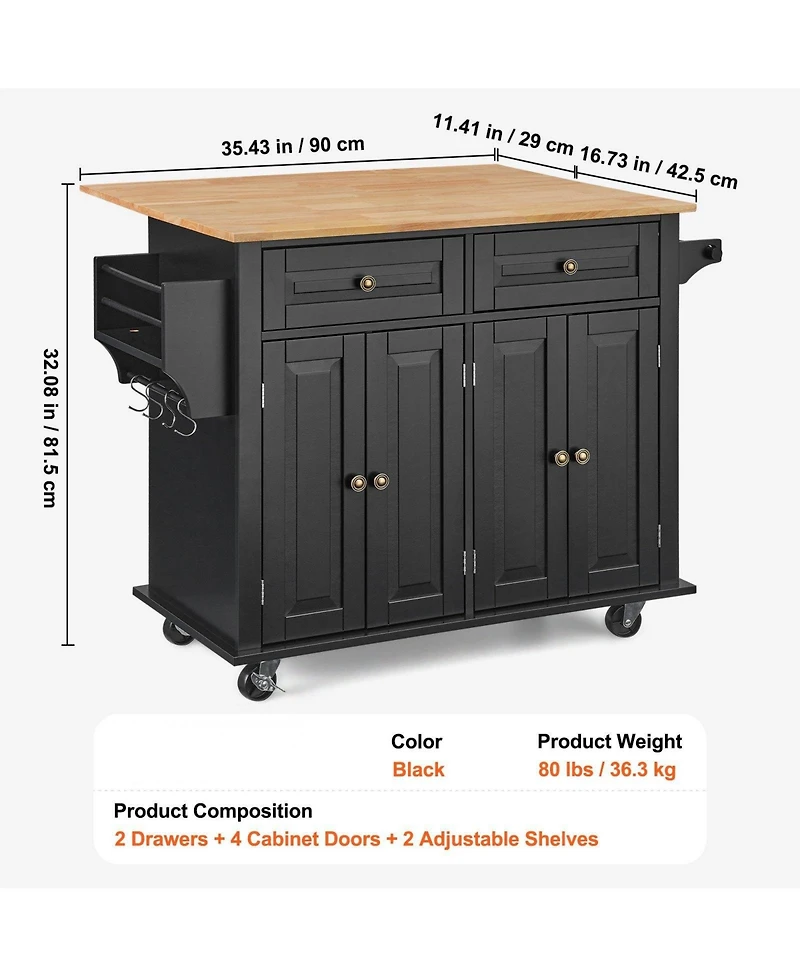 Volenca Kitchen Island Cart with 43" Wood Top, Storage Cabinet, Drop Leaf, Adjustable Shelf, Drawer, Spice Rack, Towel Bar, Hooks, Black