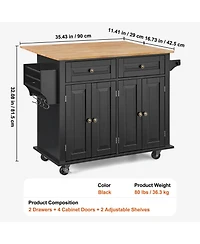 Volenca Kitchen Island Cart with 43" Wood Top, Storage Cabinet, Drop Leaf, Adjustable Shelf, Drawer, Spice Rack, Towel Bar, Hooks, Black