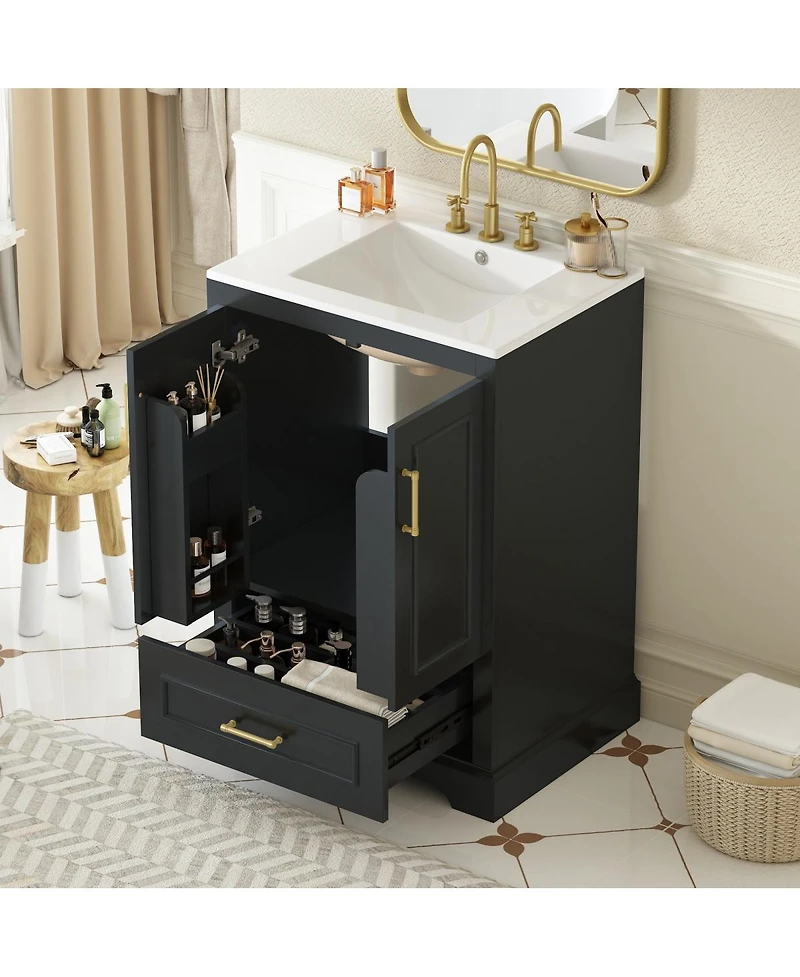 Sillysis 24 Inch Bathroom Vanity with Ceramic Sink, Solid Wood Cabinet, Soft Close Doors and Divided Drawer for Small Bathrooms