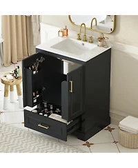 Sillysis 24 Inch Bathroom Vanity with Ceramic Sink, Solid Wood Cabinet, Soft Close Doors and Divided Drawer for Small Bathrooms