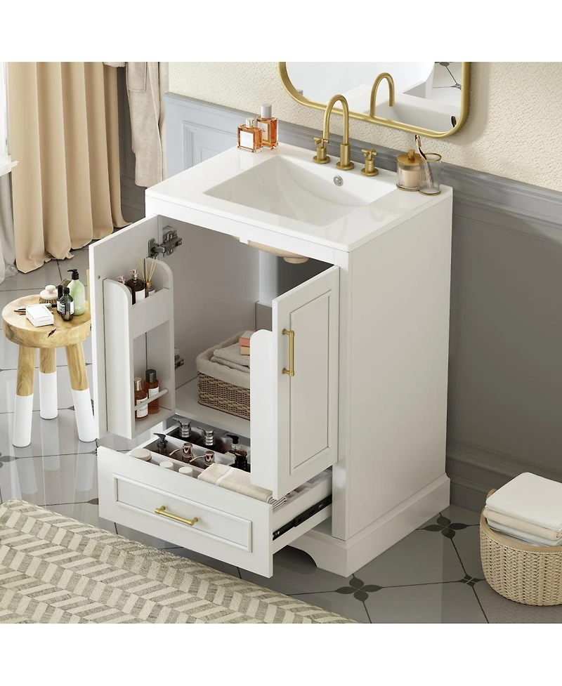 Sillysis 24 Inch Bathroom Vanity with Ceramic Sink, Solid Wood Cabinet, Soft Close Doors and Divided Drawer for Small Bathrooms