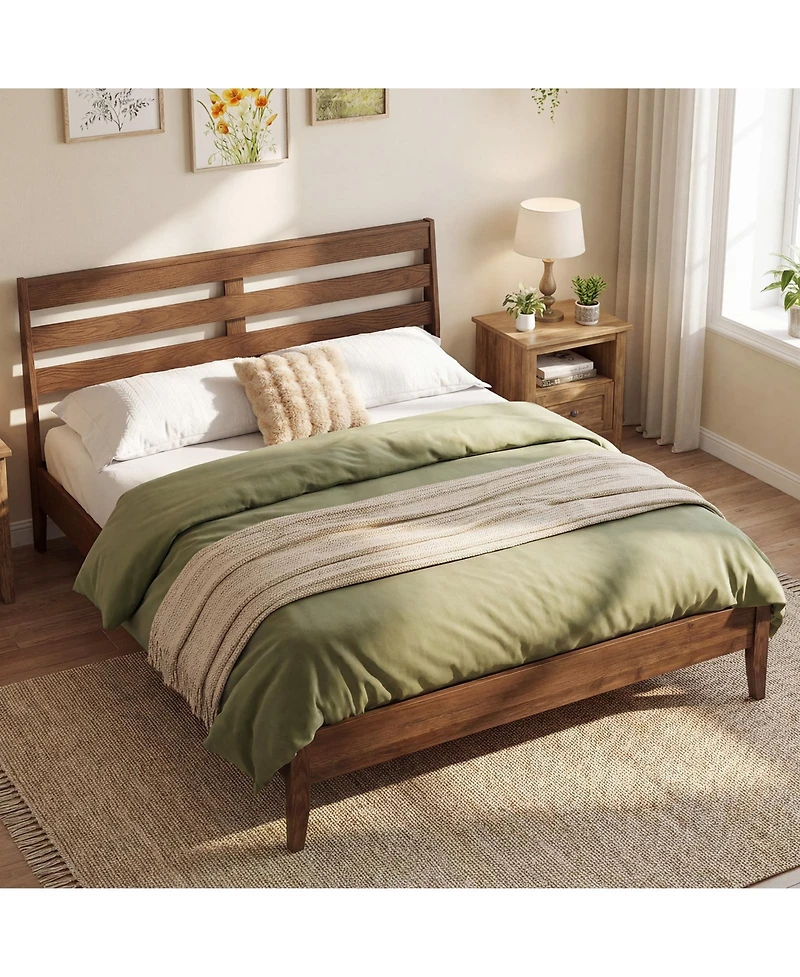 Slickblue Wooden Platform Bed Frame with Slatted Headboard