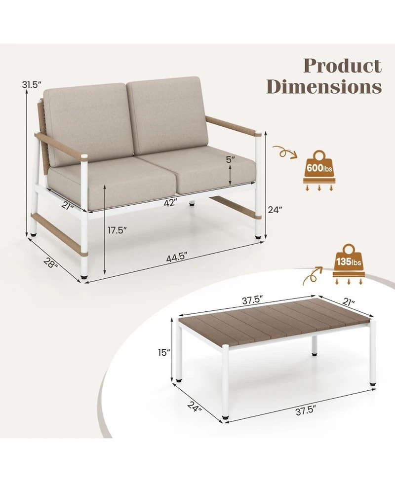 Gouun Aluminum Patio Loveseat and Coffee Table Set with 5 in Thick Cushions