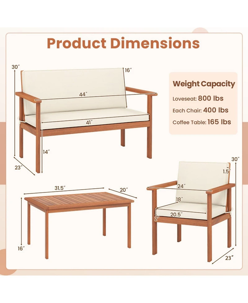 Gouun 4-Piece Acacia Wood Patio Set with Loveseat, Armchairs and Coffee Table