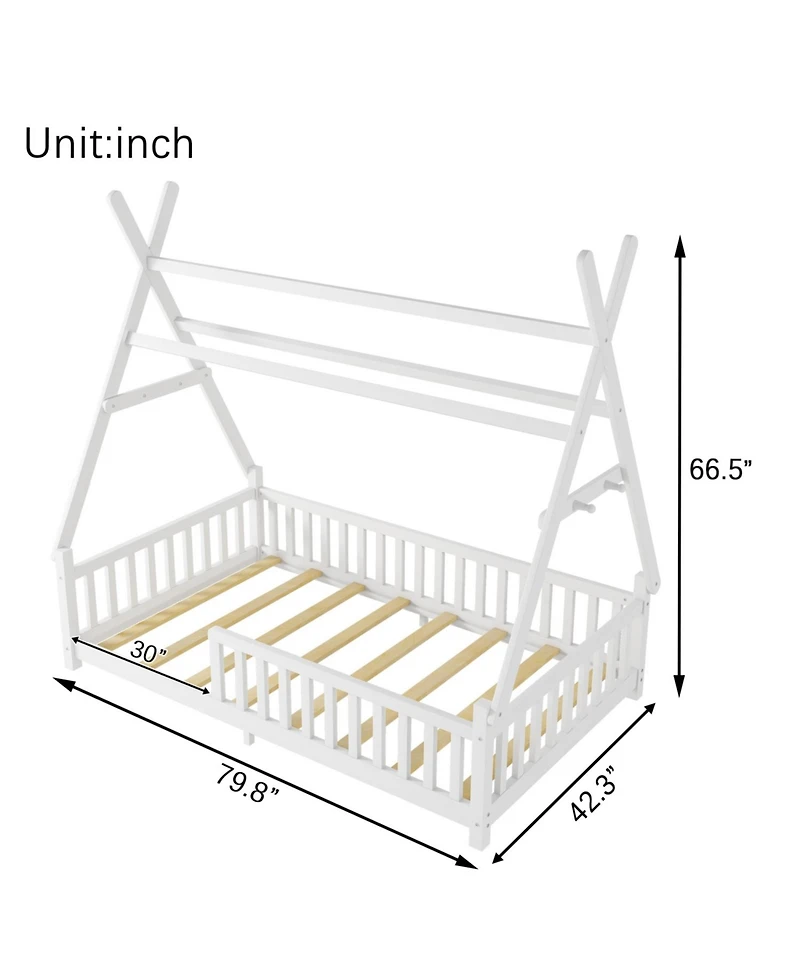 Rainsken Montesori Floor Bed for Kids, with Light and Slats, Wood Teepee Bed, Low House No Box Spring Needed