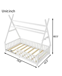 Rainsken Montesori Floor Bed for Kids, with Light and Slats, Wood Teepee Bed, Low House No Box Spring Needed