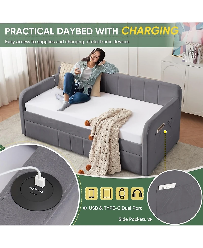 Rainsken Twin Daybed with Trundle, Velvet Upholstered Sofa Bed Frame with Usb Port, Side Pockets and Wood Slat Support for Living Room
