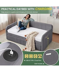 Rainsken Twin Daybed with Trundle, Velvet Upholstered Sofa Bed Frame with Usb Port, Side Pockets and Wood Slat Support for Living Room