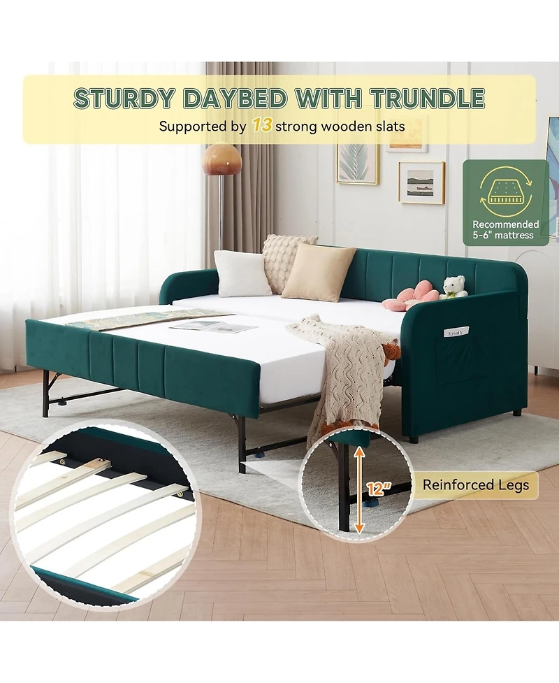 Rainsken Twin Daybed with Trundle, Velvet Upholstered Sofa Bed Frame Usb Port, Side Pockets and Wood Slat Support for Living Room