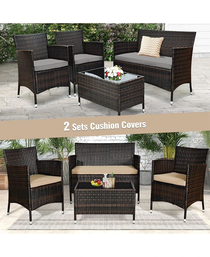 Costway 4PCS Patio Wicker Furniture Set Sofa Chair with Cushion Covers Garden