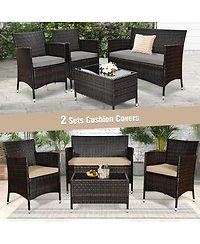 Costway 4PCS Patio Wicker Furniture Set Sofa Chair with Cushion Covers Garden