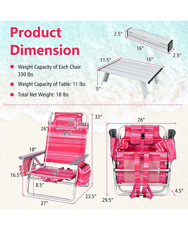 Gymax 2PCS Folding Backpack Beach Chair Table Set 5-Position Outdoor Reclining Chair Hot