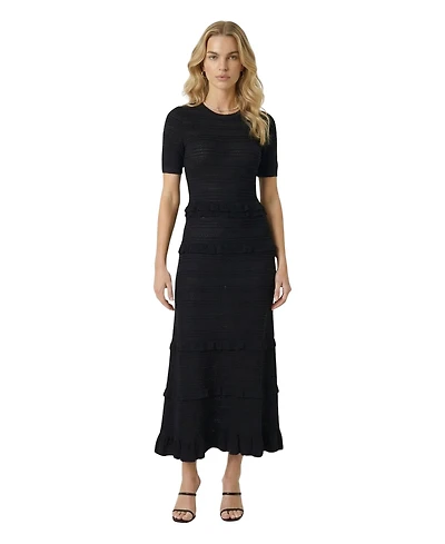 Modenaire Women's Textured Knit Ruffle-Trim Fitted Midi Dress