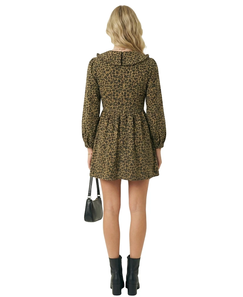 Modenaire Women's Leopard Print Oversized Collar Long Sleeve Mini Dress