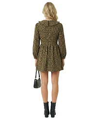 Modenaire Women's Leopard Print Oversized Collar Long Sleeve Mini Dress