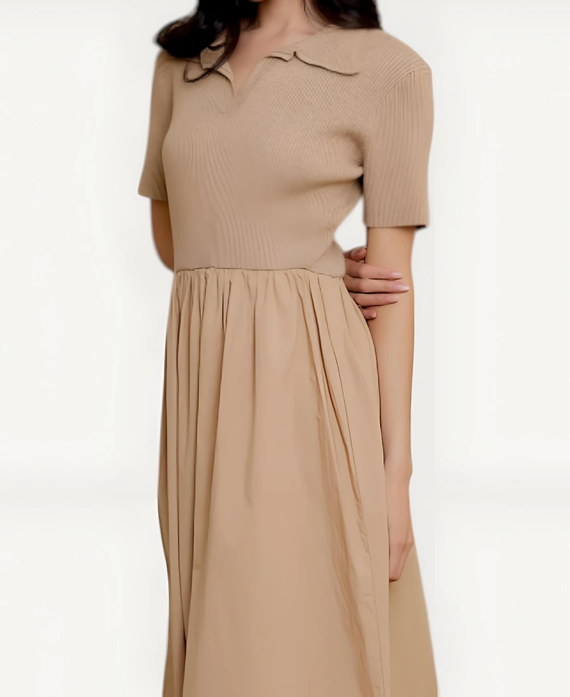Modenaire Women's Polo Collar Short Sleeve Sweater Midi Dress