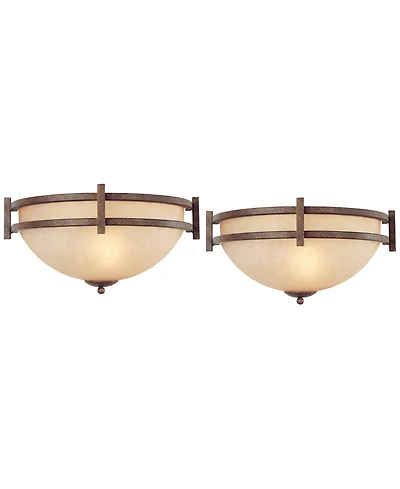 Franklin Iron Works Mission Wall Light Sconces Set of 2 Bronze Hardwired 14 1/2" Fixture Cream Scavo Glass for Bedroom Bathroom
