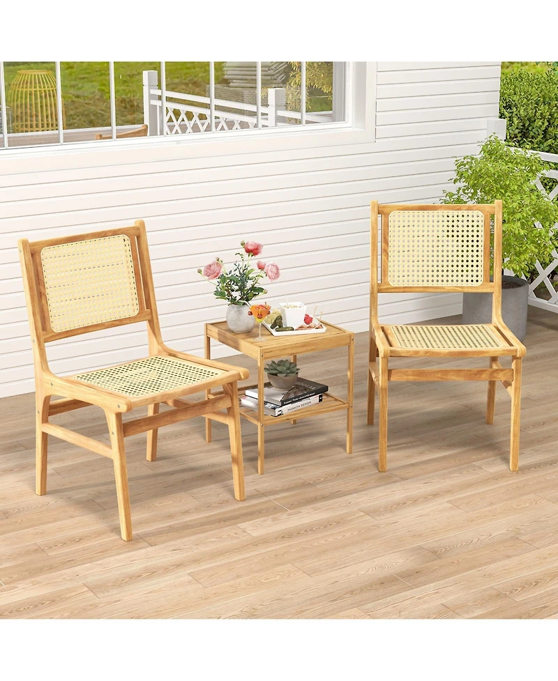 Slickblue Teak Wood Dining Chair with Rattan Cane Backrest, Modern Woven Accent Seating