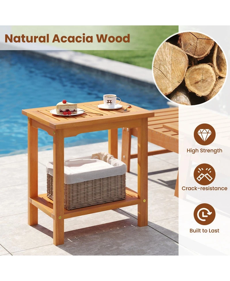 Gouun 2-Tier Outdoor Acacia Wood Side Table with Slatted Tabletop and Storage Shelf, 19.5 in