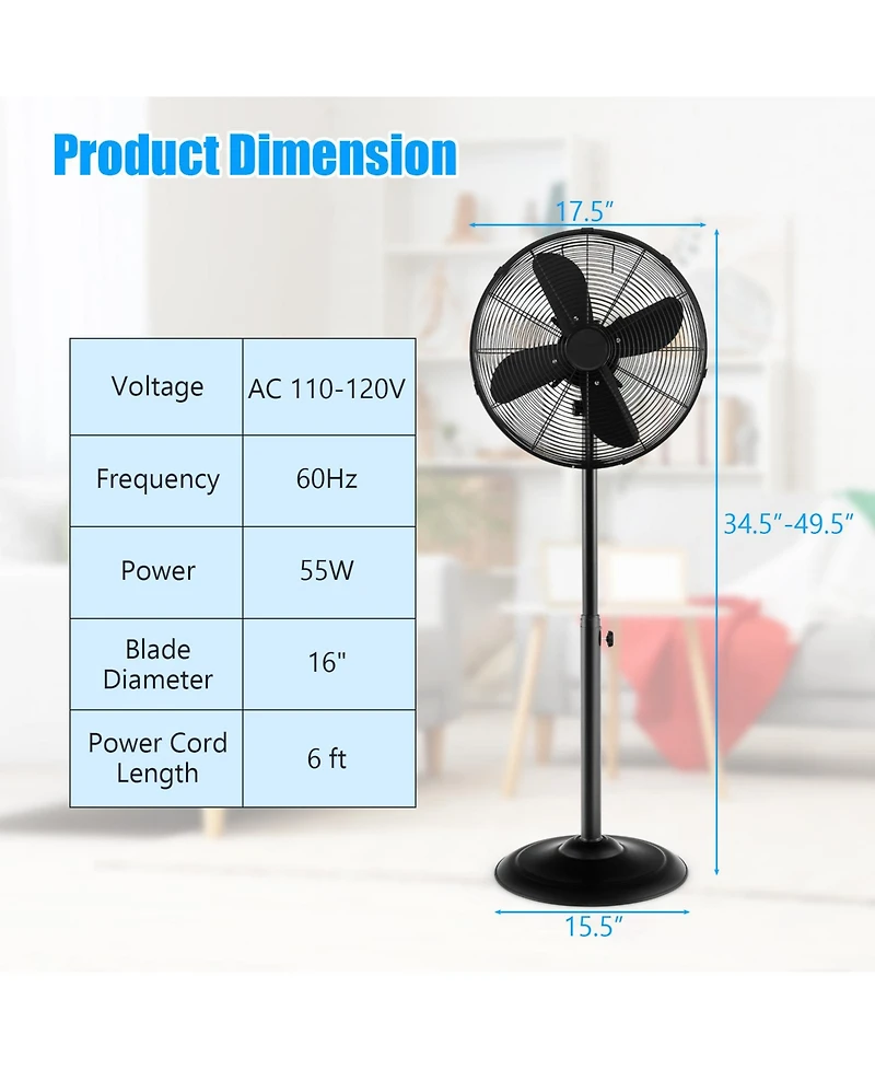 Mecale 16 Inch Pedestal Standing Fan Oscillating 3-Speed Adjustable Height