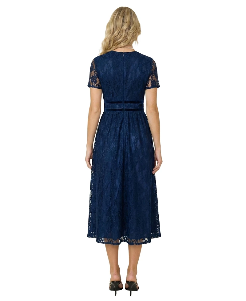 Modenaire Women's Lace Midi Dress with Sheer Short Sleeves and Velvet Waistband