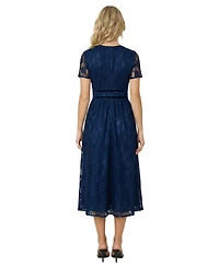 Modenaire Women's Lace Midi Dress with Sheer Short Sleeves and Velvet Waistband